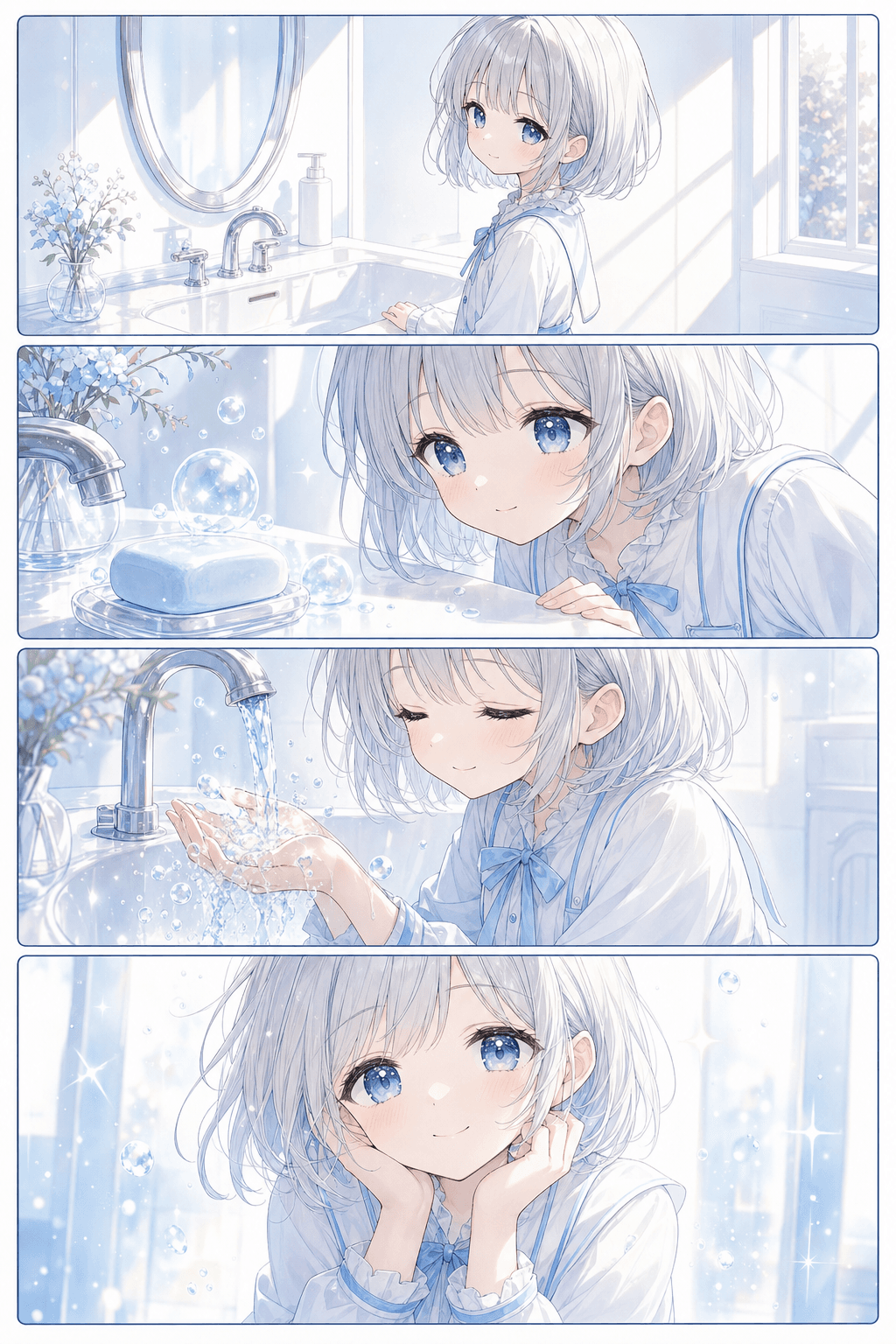 青い石けんに泡がきらめいた朝