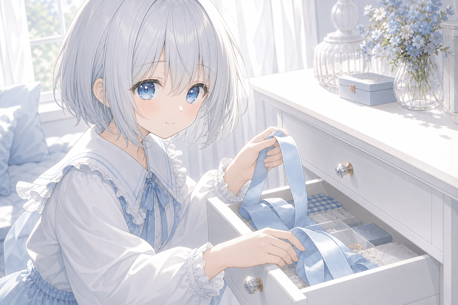 今日は水色のリネンリボンを引き出しにしまったよ