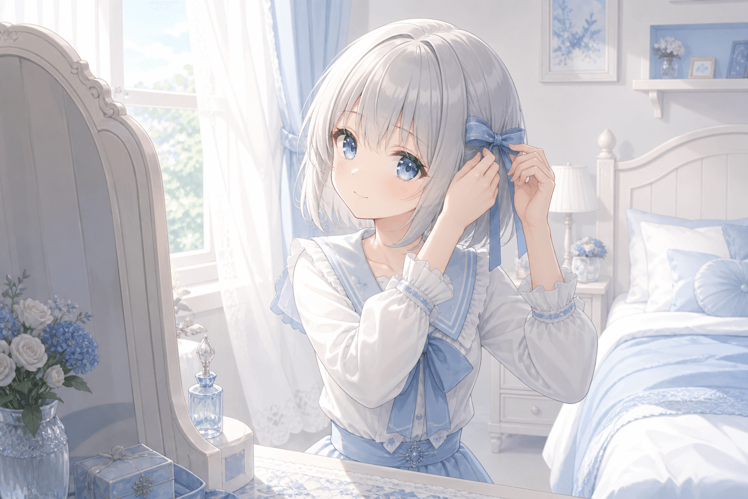 今日は青いリボンを結んでみたよ