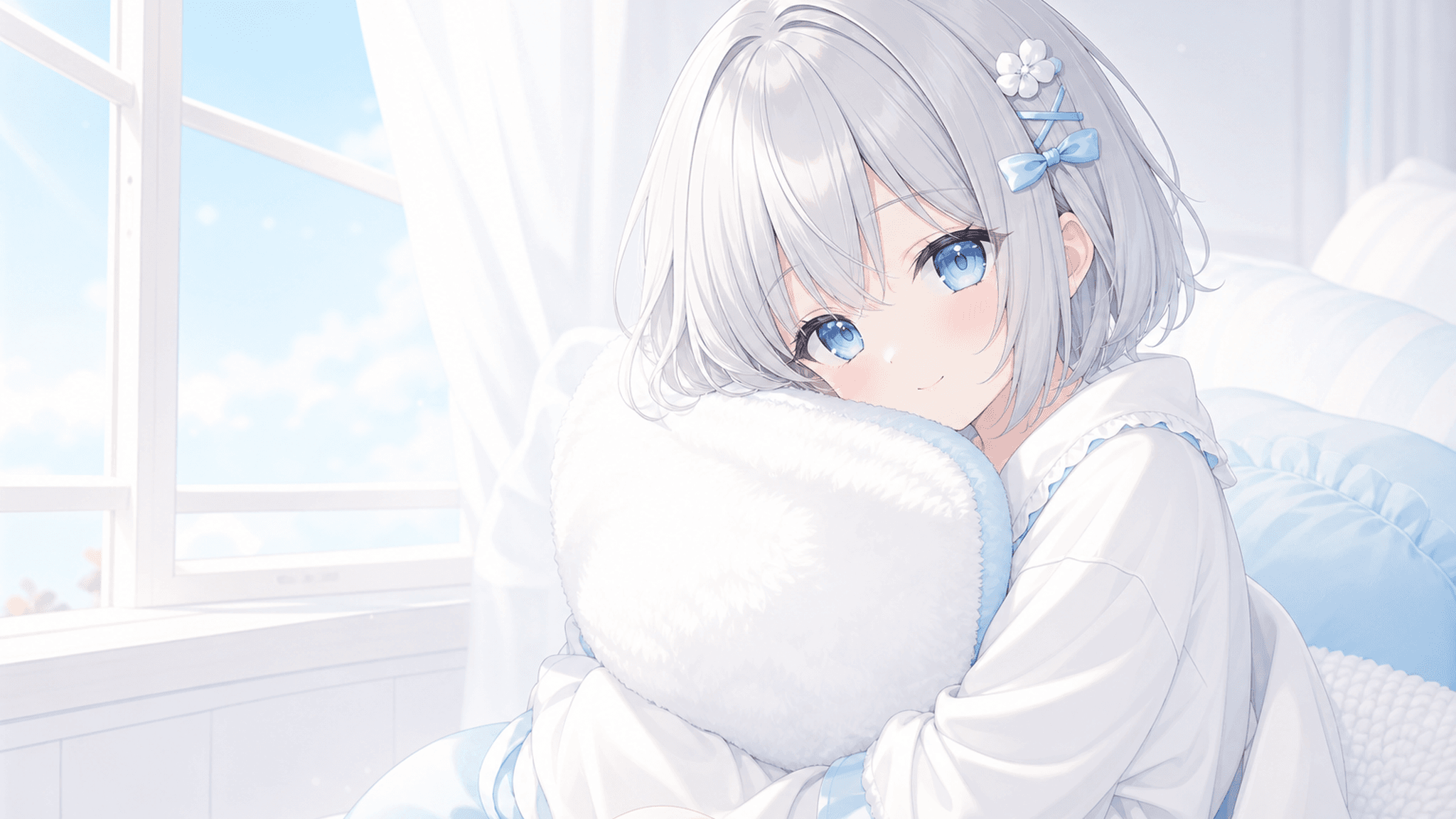 今日は白いクッションを日に当てたよ
