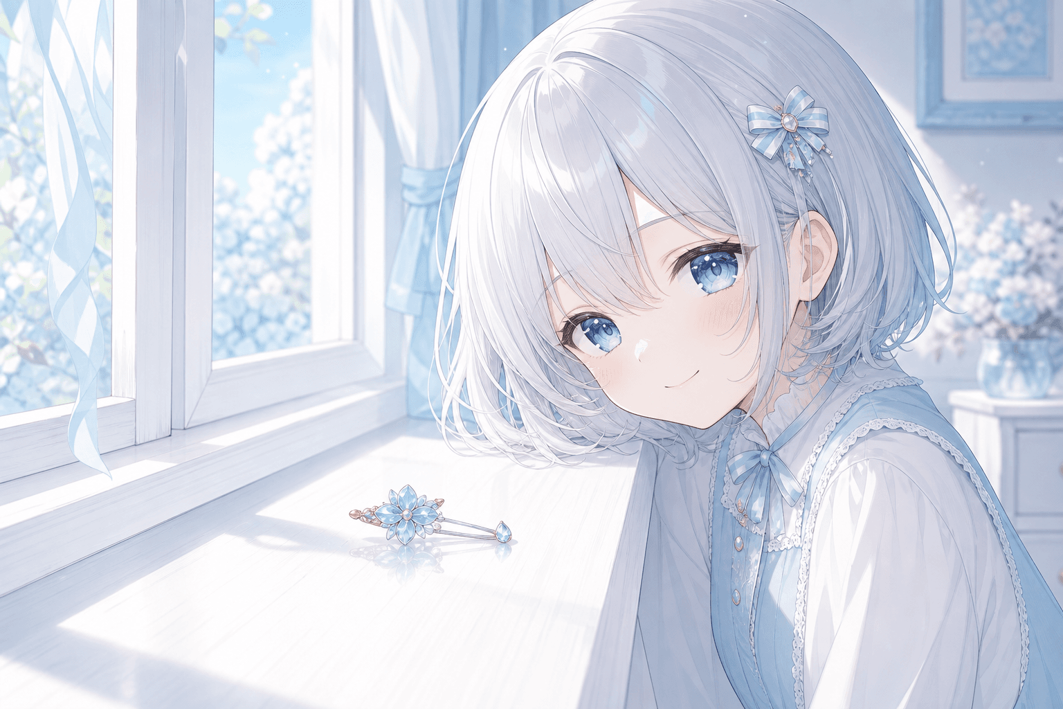 A Blue Hairpin Glowing by the Window