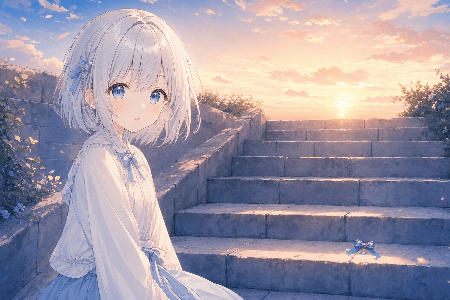 夕暮れ階段の青いチャーム