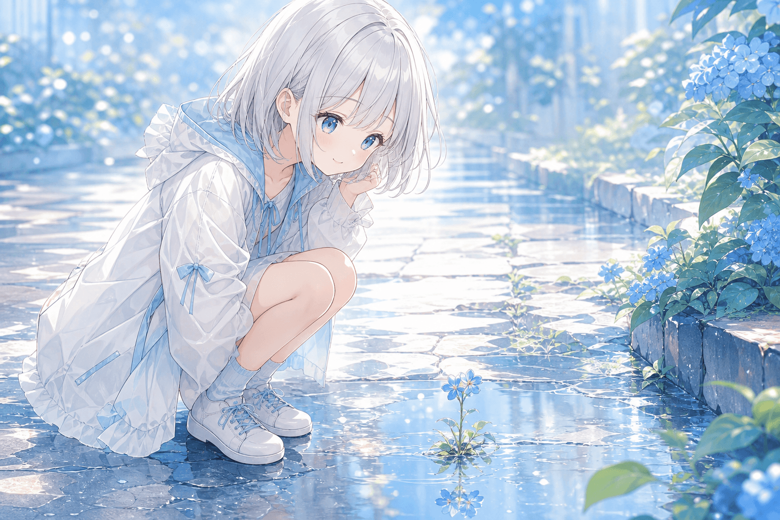 雨の日、青い花を見つけたよ